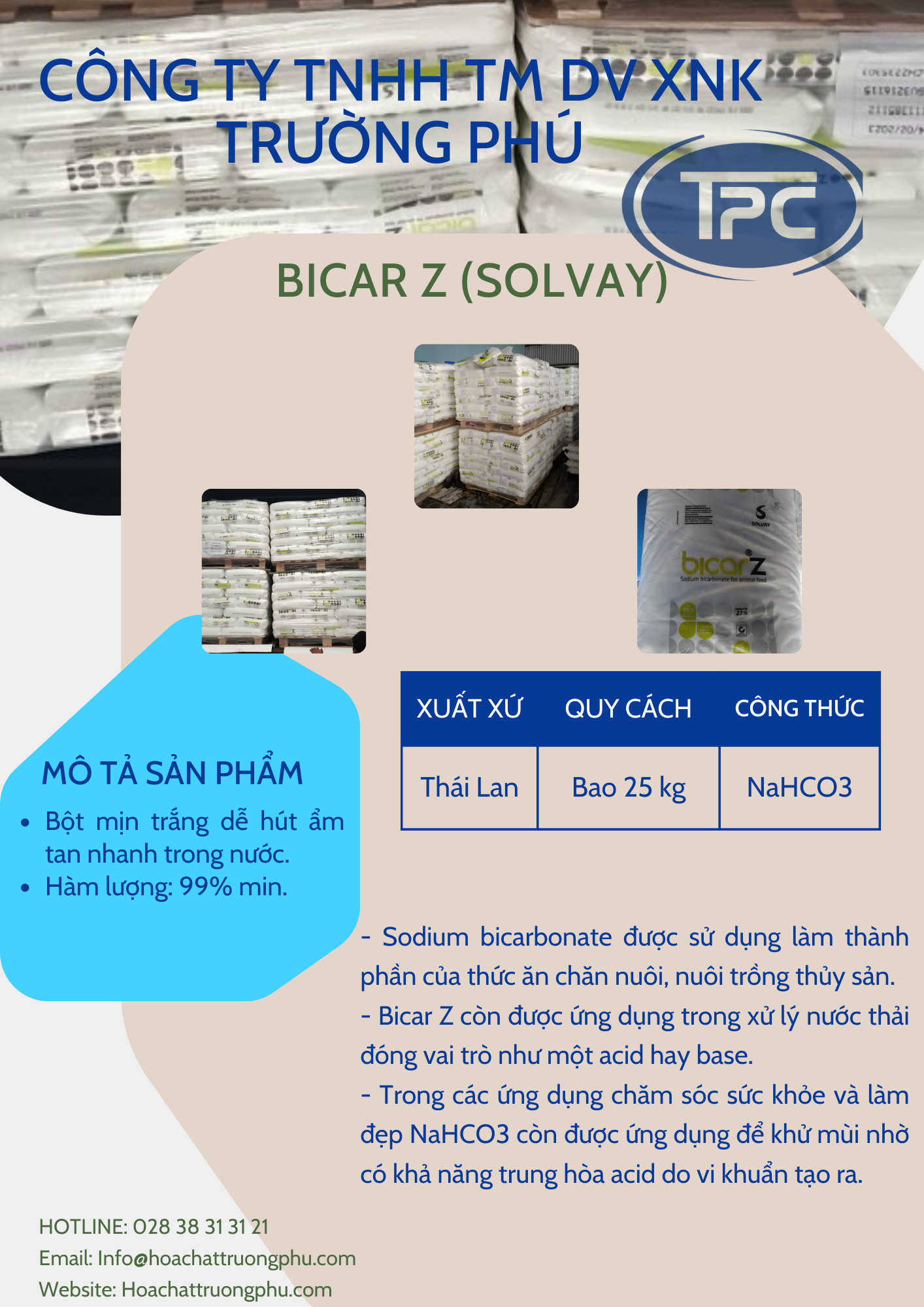 SODIUM BICAR Z, BICAR THÁI LAN HÀNG FEED, BAO 25 KG